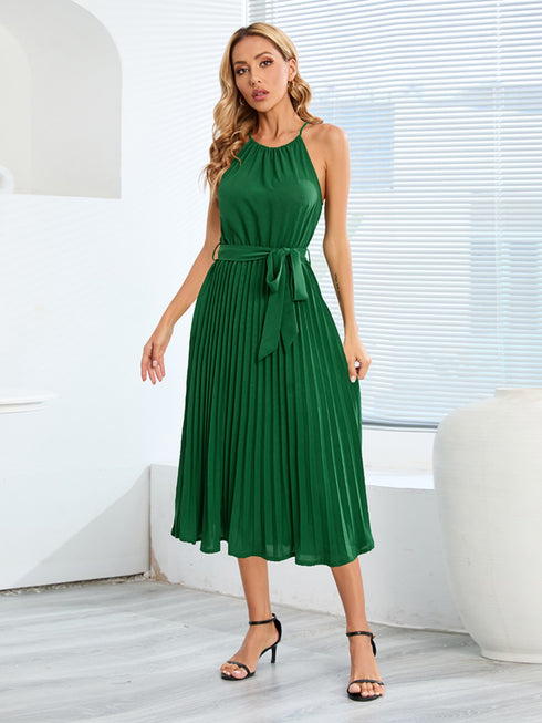 pleated-spaghetti-strap-tie-waist-midi-dress Sophia's Trends - Sophia's Style-Hot Pink-XL